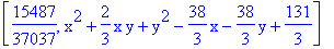 [15487/37037, x^2+2/3*x*y+y^2-38/3*x-38/3*y+131/3]